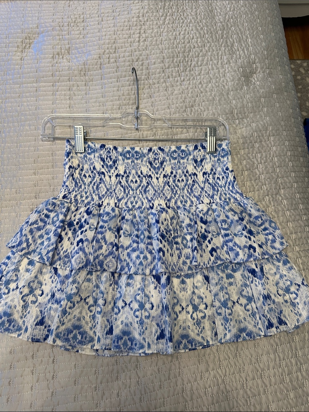 Olivaceous Blue & White Smocked Tiered Mini Skirt